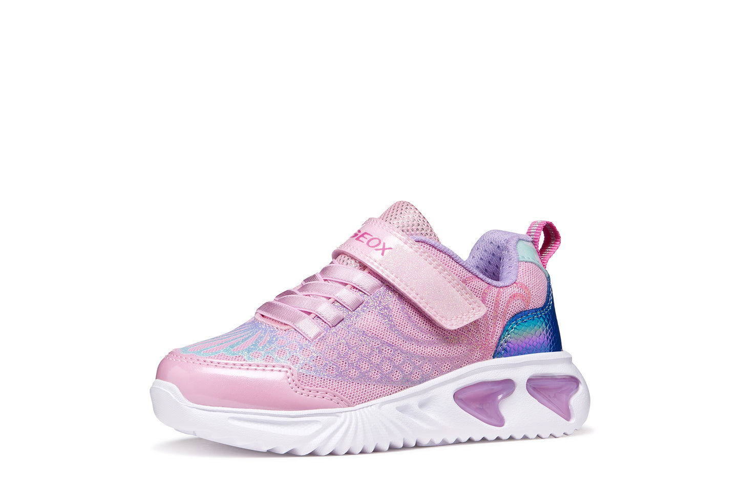 A girls trainer by Geox, style Assister in pink/lilac with one velcro strap and elastic laces, mermaid detail on heel and lights in sole. Angled right side view