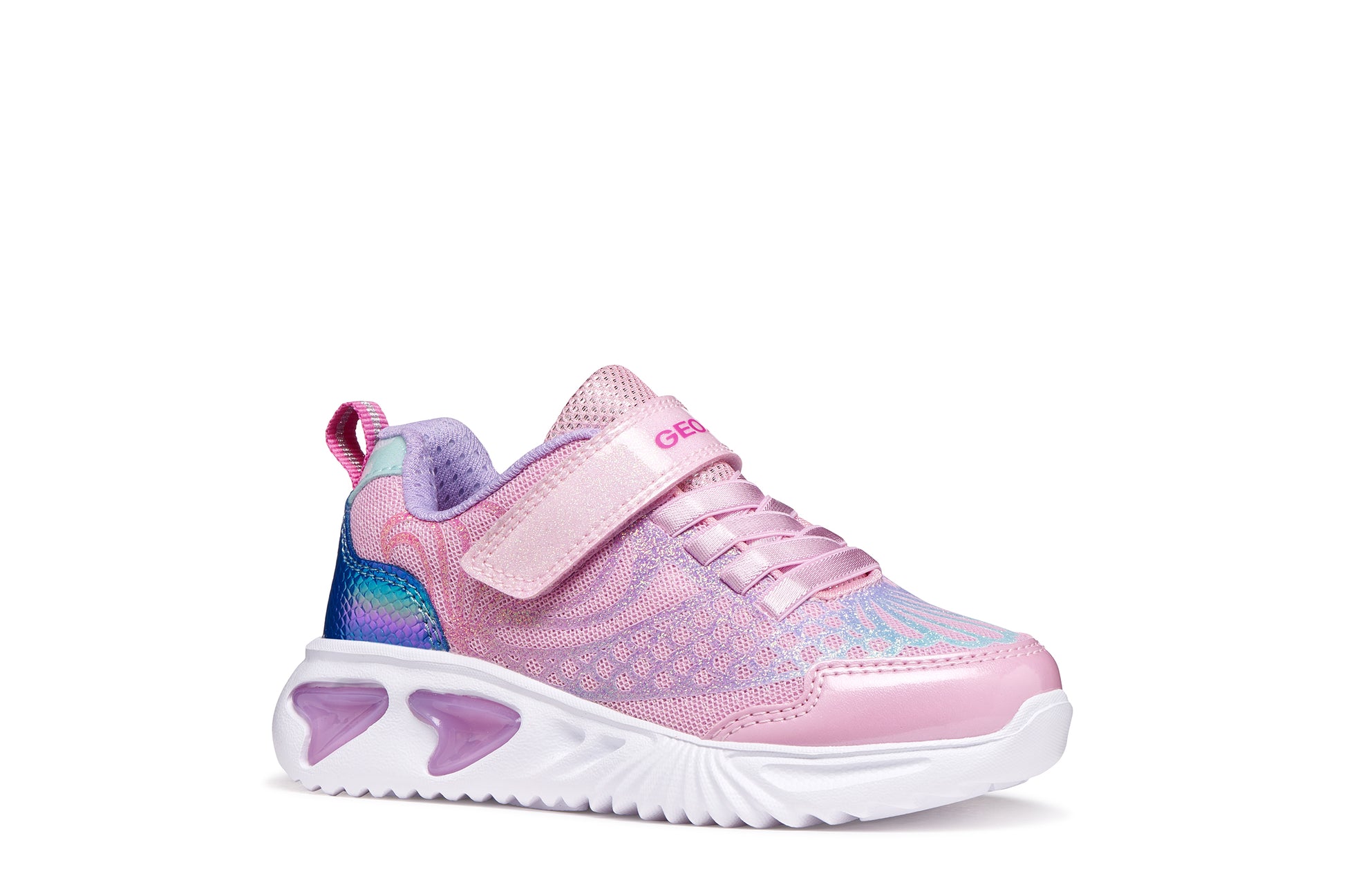 A girls trainer by Geox, style Assister in pink/lilac with one velcro strap and elastic laces, mermaid detail on heel and lights in sole. Right side view