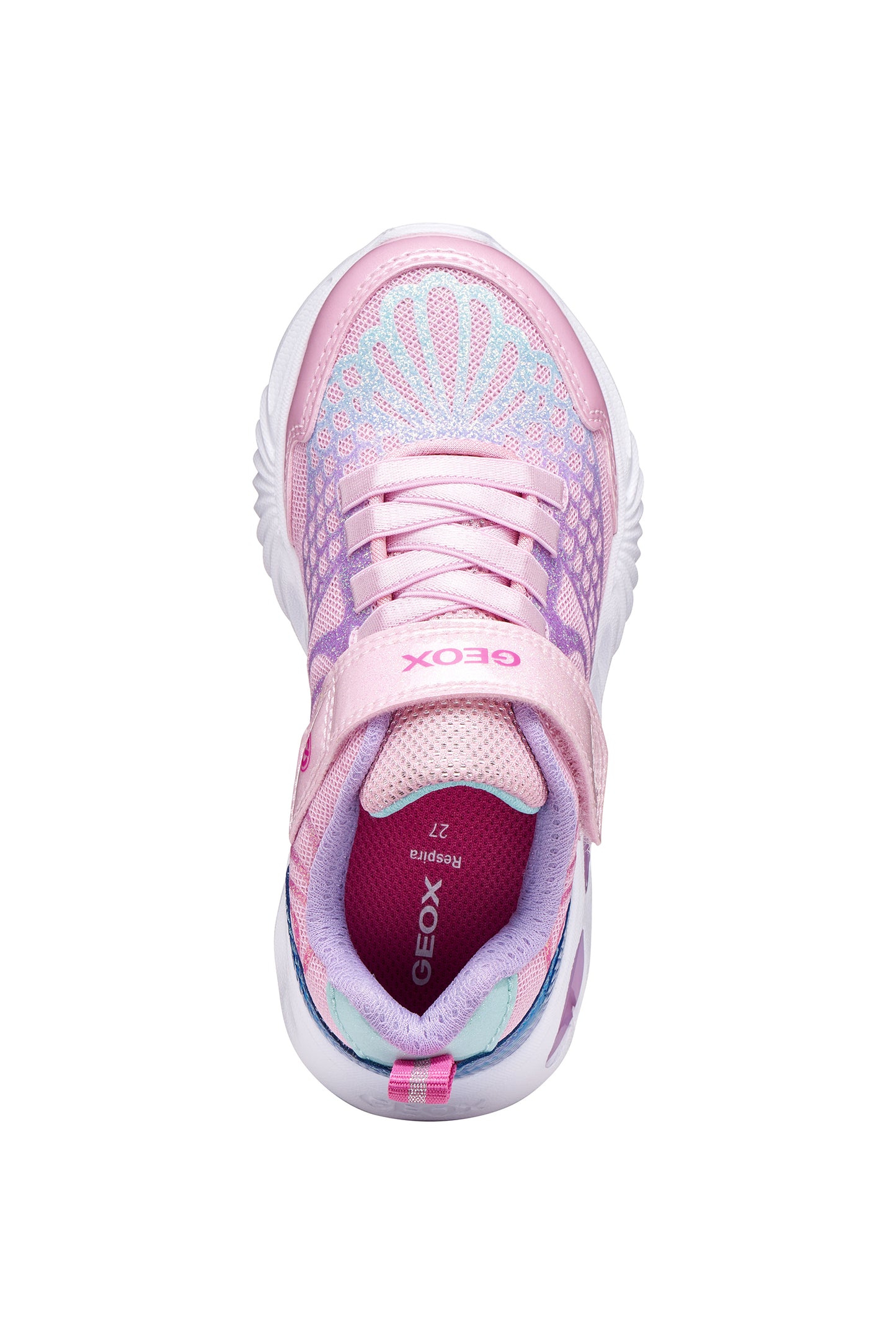 A girls trainer by Geox, style Assister in pink/lilac with one velcro strap and elastic laces, mermaid detail on heel and lights in sole. Top view