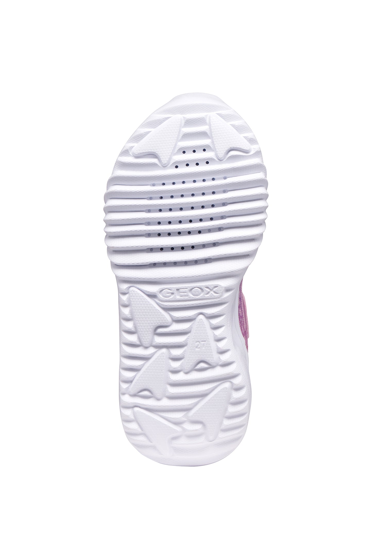 A girls trainer by Geox, style Assister in pink/lilac with one velcro strap and elastic laces, mermaid detail on heel and lights in sole. View of sole with breathable holes