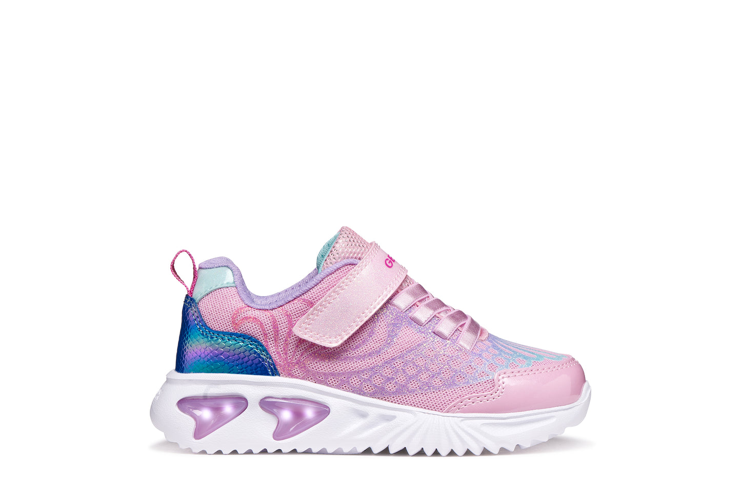 A girls trainer by Geox, style Assister in pink/lilac with one velcro strap and elastic laces, mermaid detail on heel and lights in sole. Right side view