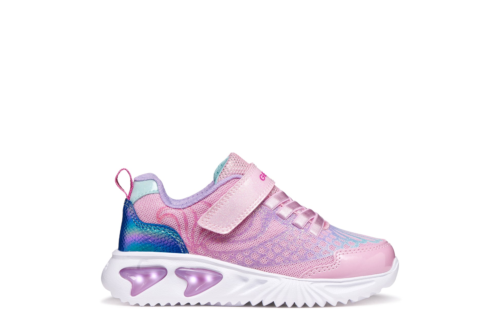 A girls trainer by Geox, style Assister in pink/lilac with one velcro strap and elastic laces, mermaid detail on heel and lights in sole. Right side view