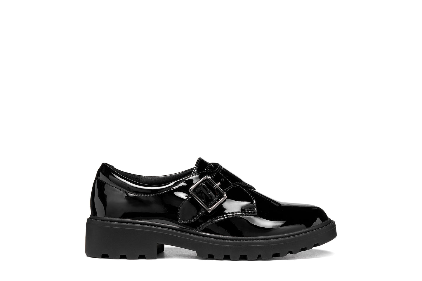 A girls' school shoe by Geox, style J Casey Girl in black patent with velcro strap with buckle and chunky sole. Right side view