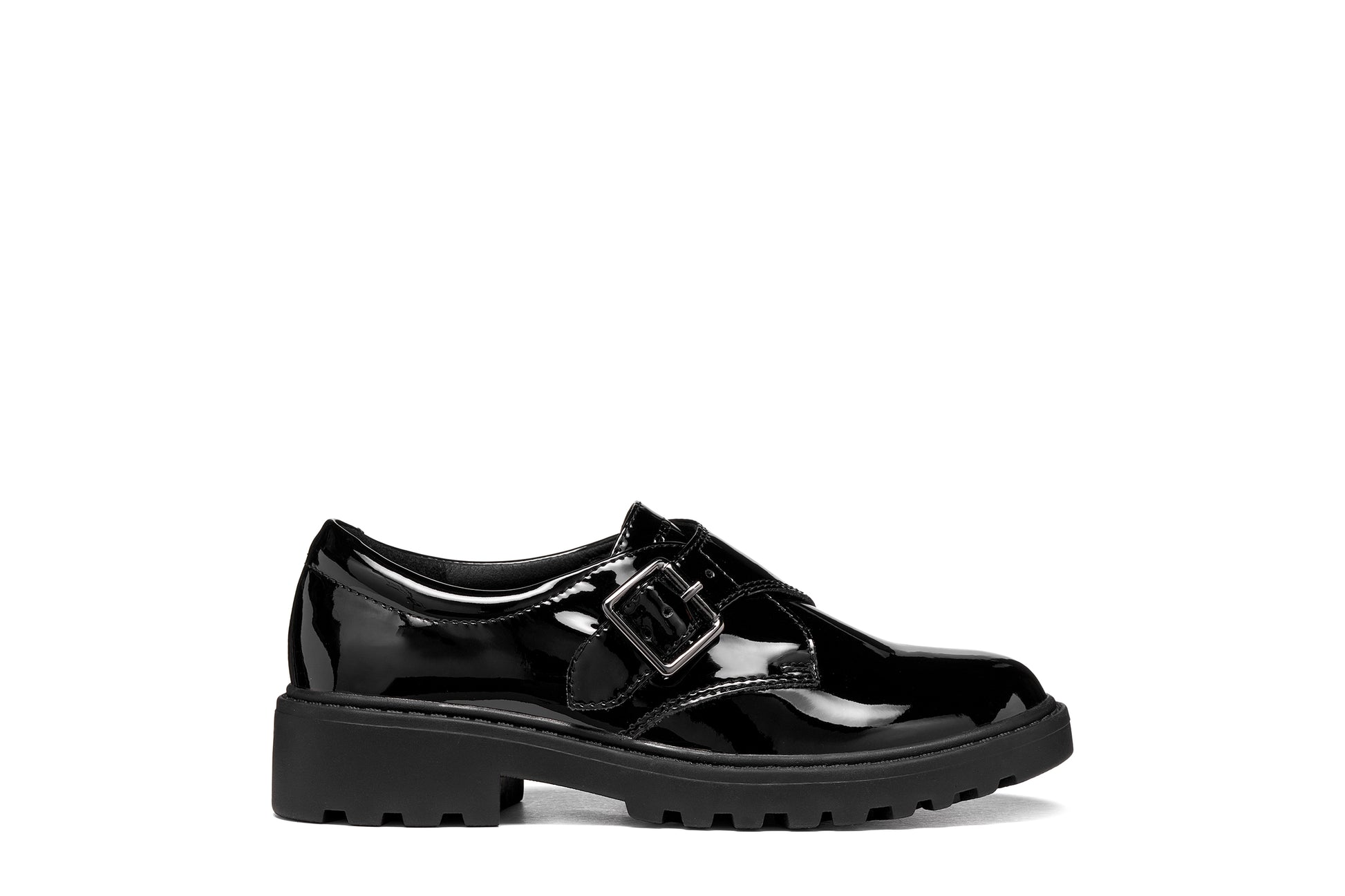 A girls' school shoe by Geox, style J Casey Girl in black patent with velcro strap with buckle and chunky sole. Right side view