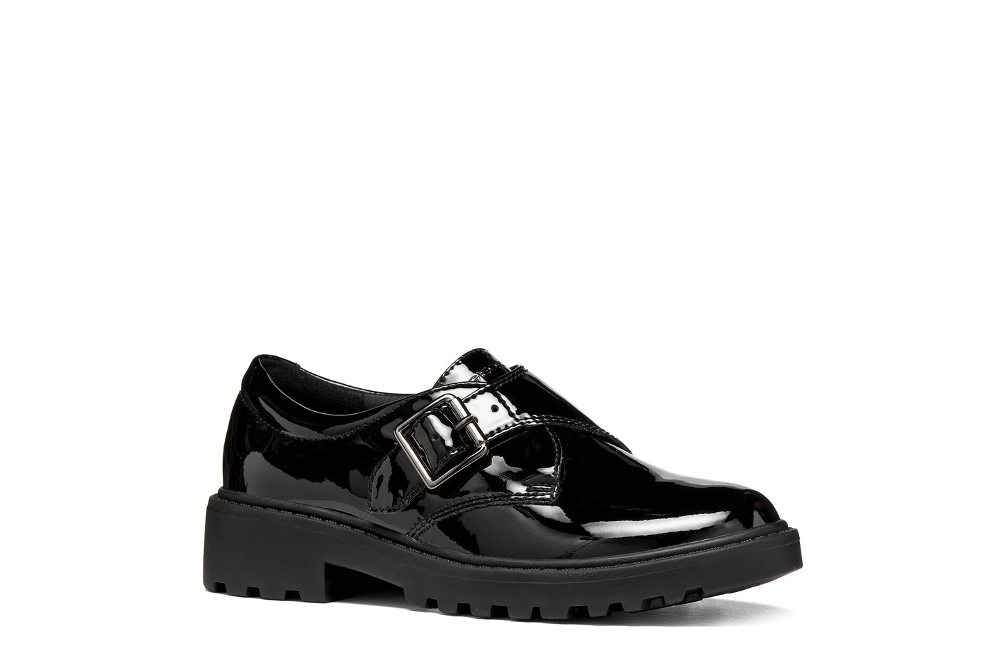 A girls' school shoe by Geox, style J Casey Girl in black patent with velcro strap with buckle and chunky sole. Angled right side view