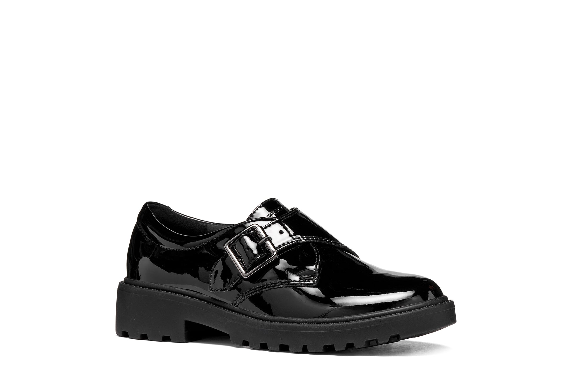 A girls' school shoe by Geox, style J Casey Girl in black patent with velcro strap with buckle and chunky sole. Angled right side view