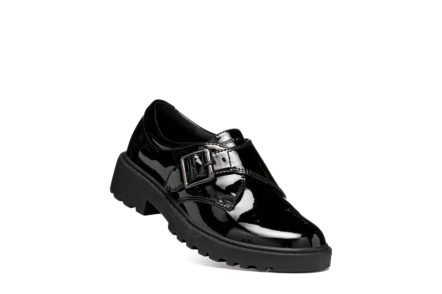 A girls' school shoe by Geox, style J Casey Girl in black patent with velcro strap with buckle and chunky sole. Tilted view