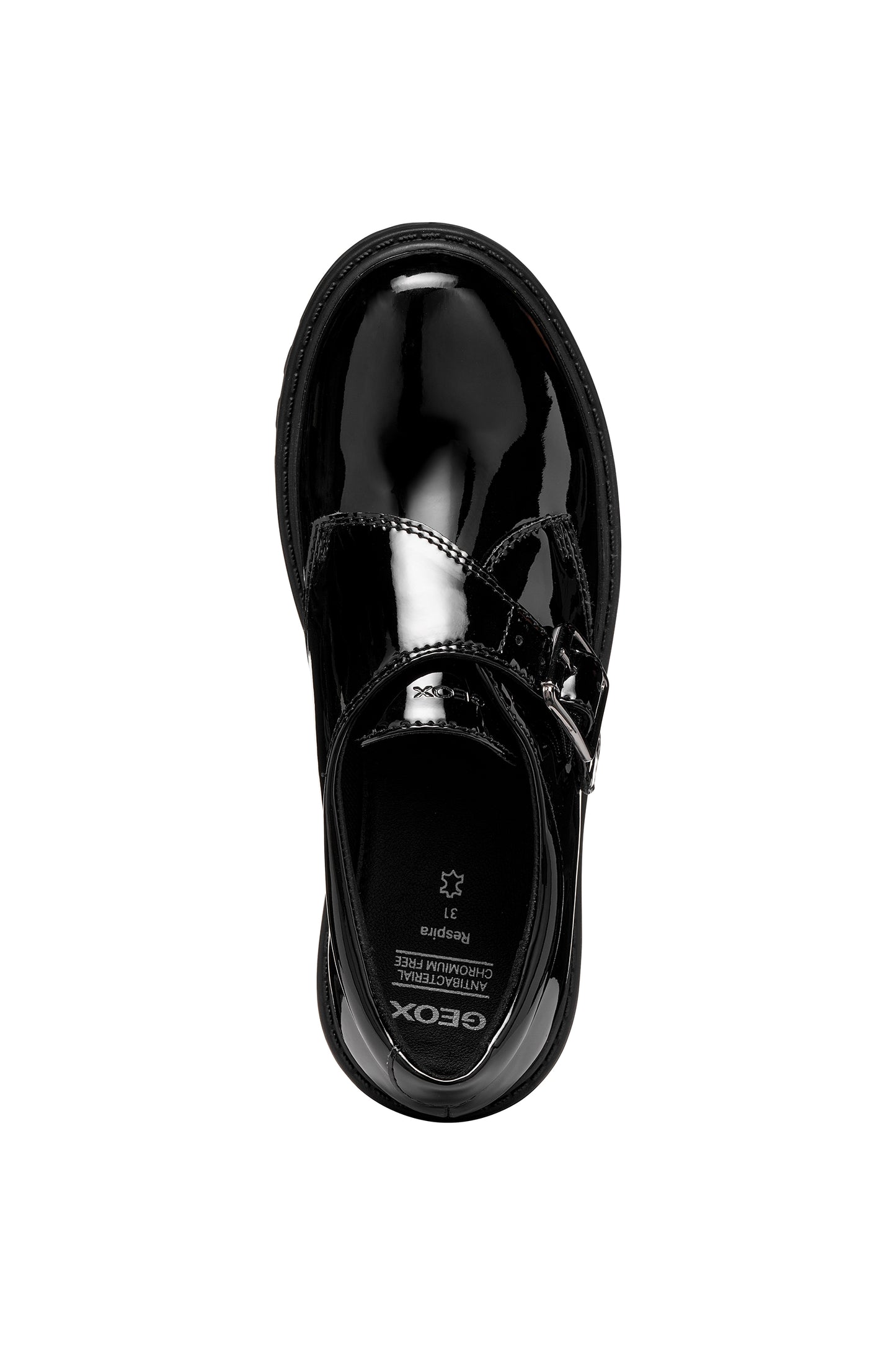 A girls' school shoe by Geox, style J Casey Girl in black patent with velcro strap with buckle and chunky sole. Top view