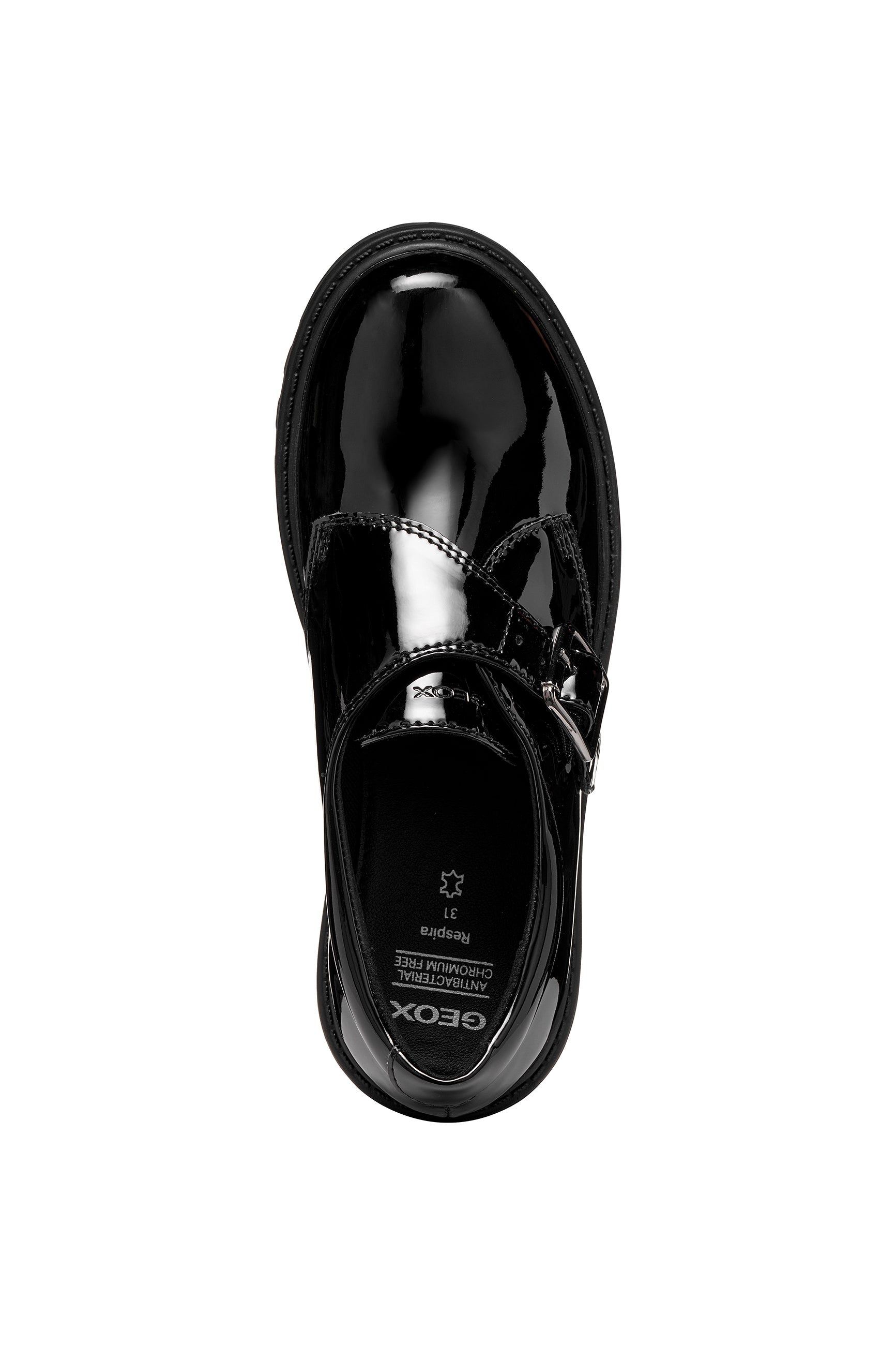 A girls' school shoe by Geox, style J Casey Girl in black patent with velcro strap with buckle and chunky sole. Top view