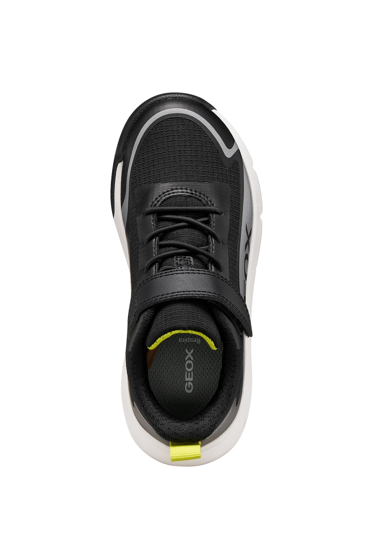Geox boys trainer in the style Pro-Ran in black, white and grey with a Velcro strap, GEOX logo and white sole. Top View.