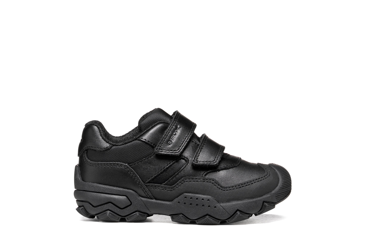 A boys school shoe by Geox, style J Buller boy with two velcro straps and toe and heel bumpers. Right side view