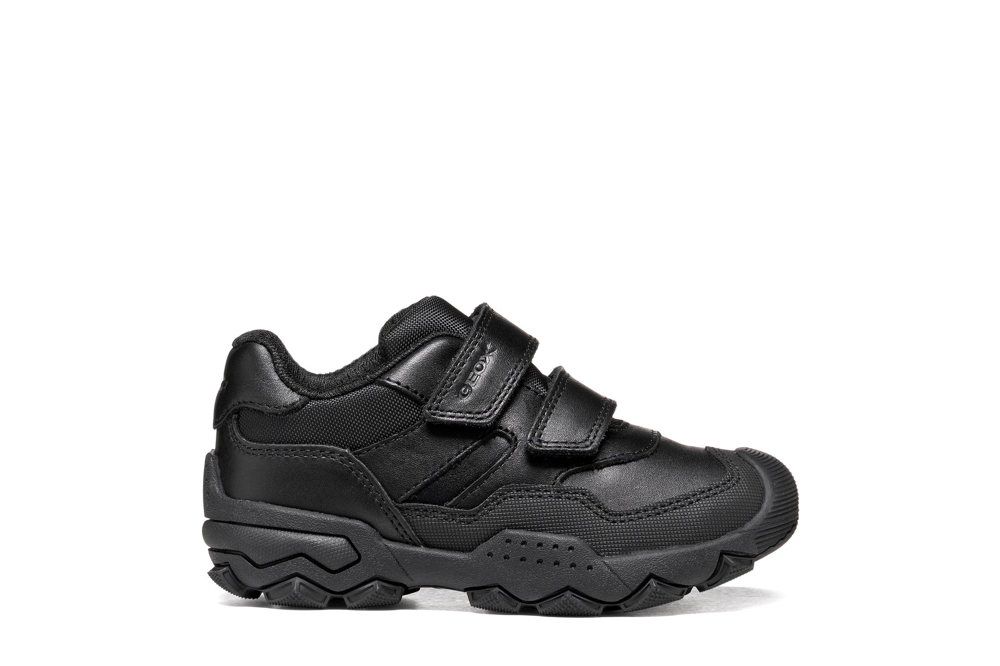 A boys school shoe by Geox, style J Buller boy with two velcro straps and toe and heel bumpers. Right side view