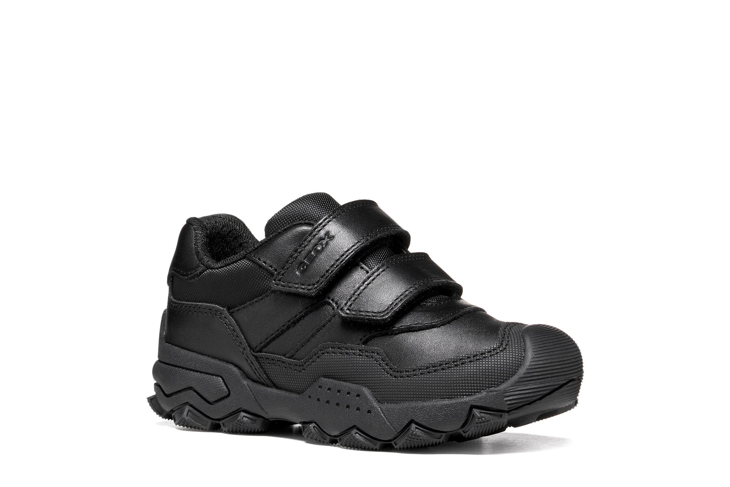 A boys school shoe by Geox, style J Buller boy with two velcro straps and toe and heel bumpers. Angled right side view