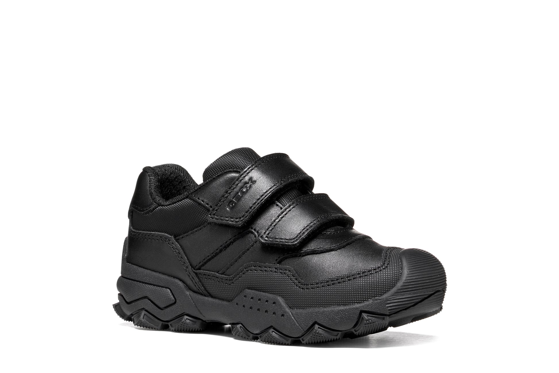 A boys school shoe by Geox, style J Buller boy with two velcro straps and toe and heel bumpers. Angled right side view