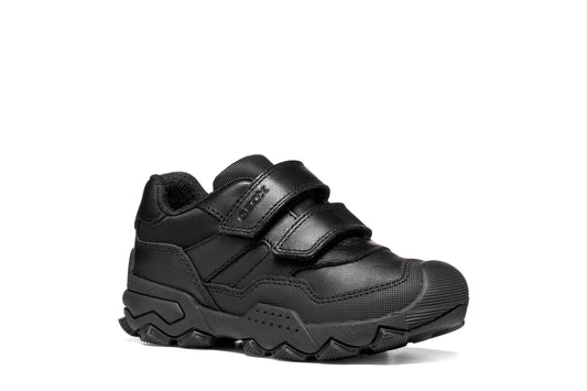 A boys school shoe by Geox, style J Buller boy with two velcro straps and toe and heel bumpers. Angled right side view
