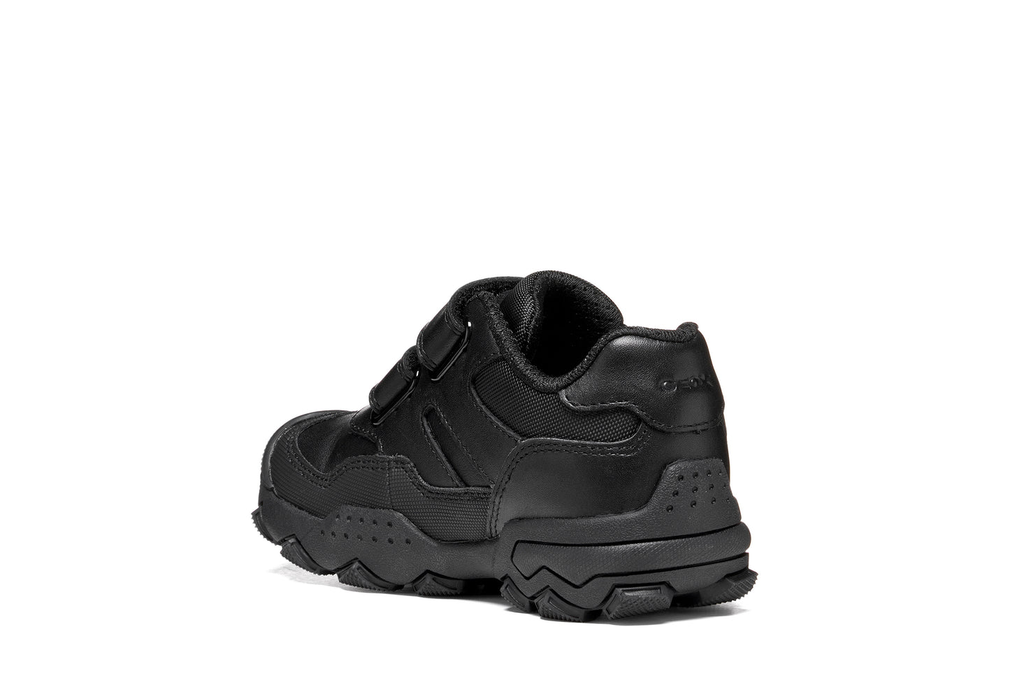 A boys school shoe by Geox, style J Buller boy with two velcro straps and toe and heel bumpers. Angled back view