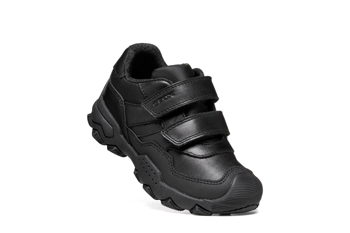 A boys school shoe by Geox, style J Buller boy with two velcro straps and toe and heel bumpers. Tilted right side view