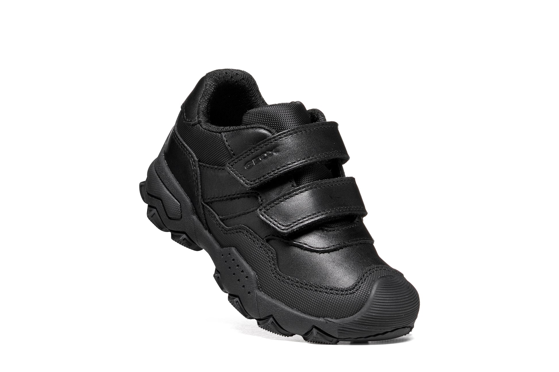 A boys school shoe by Geox, style J Buller boy with two velcro straps and toe and heel bumpers. Tilted right side view