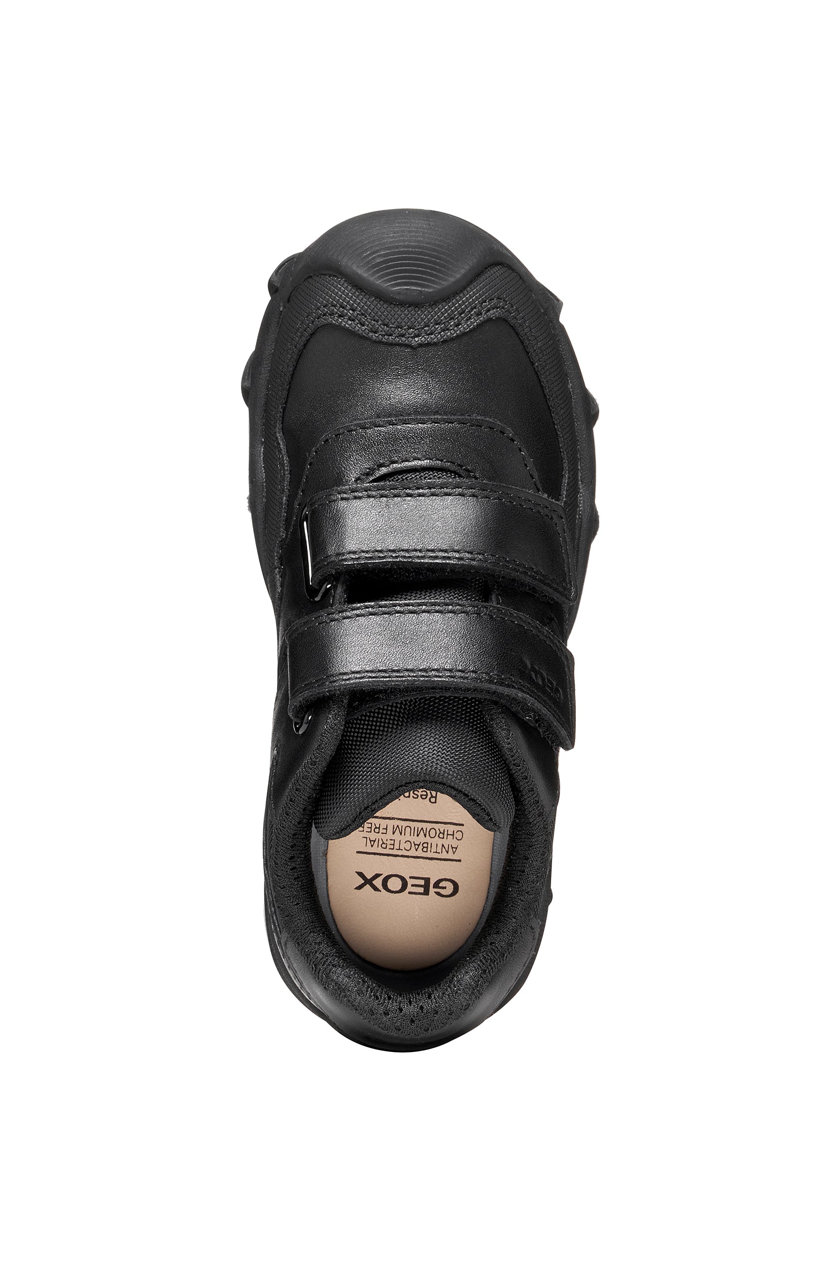 A boys school shoe by Geox, style J Buller boy with two velcro straps and toe and heel bumpers. Top view
