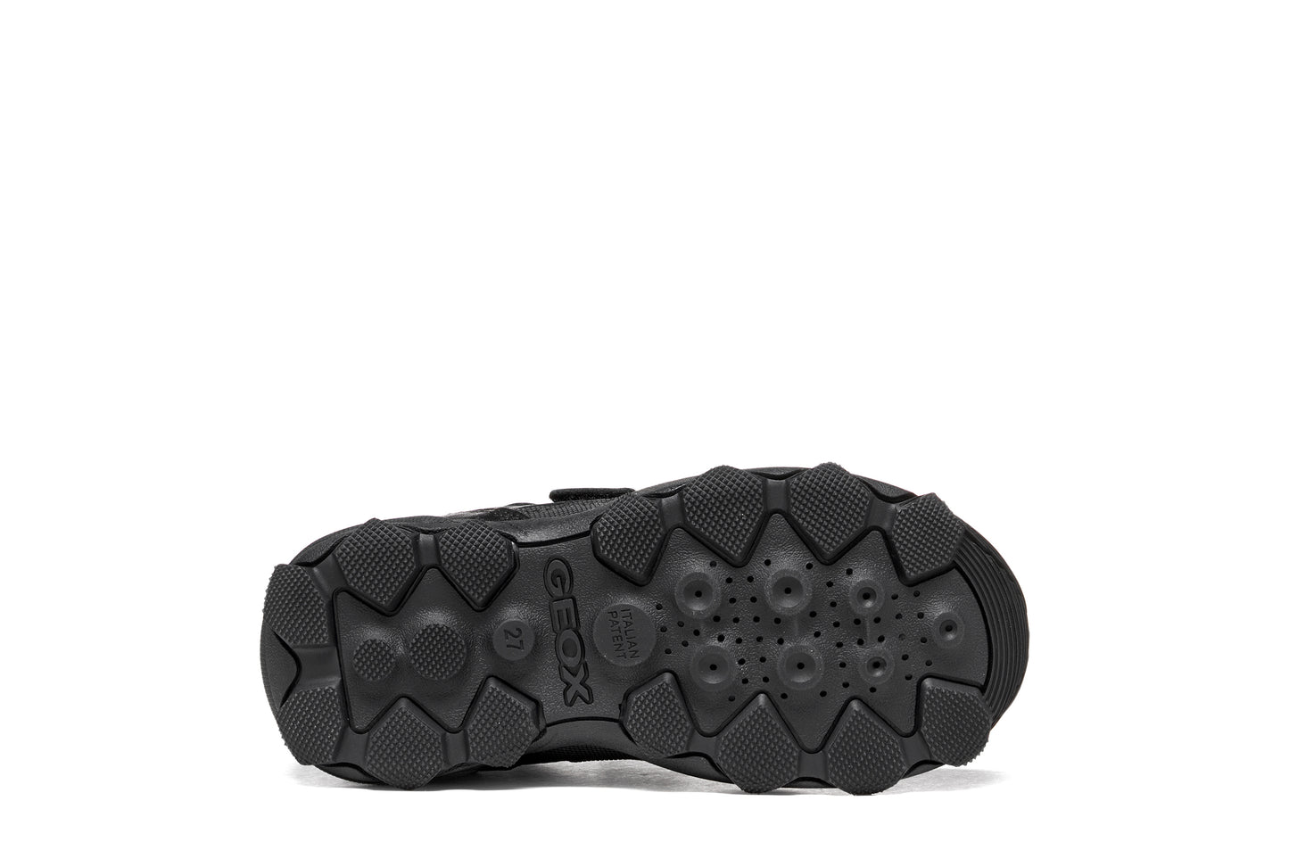 A boys school shoe by Geox, style J Buller boy with two velcro straps and toe and heel bumpers. View of sole