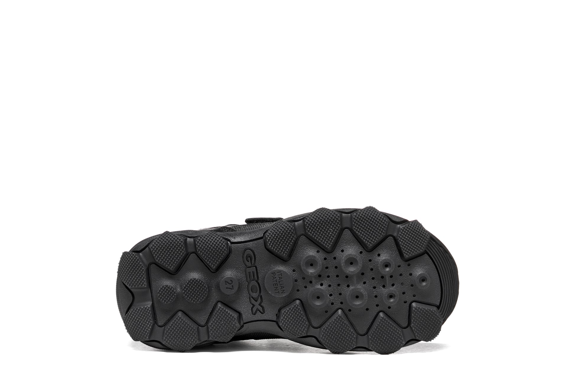 A boys school shoe by Geox, style J Buller boy with two velcro straps and toe and heel bumpers. View of sole