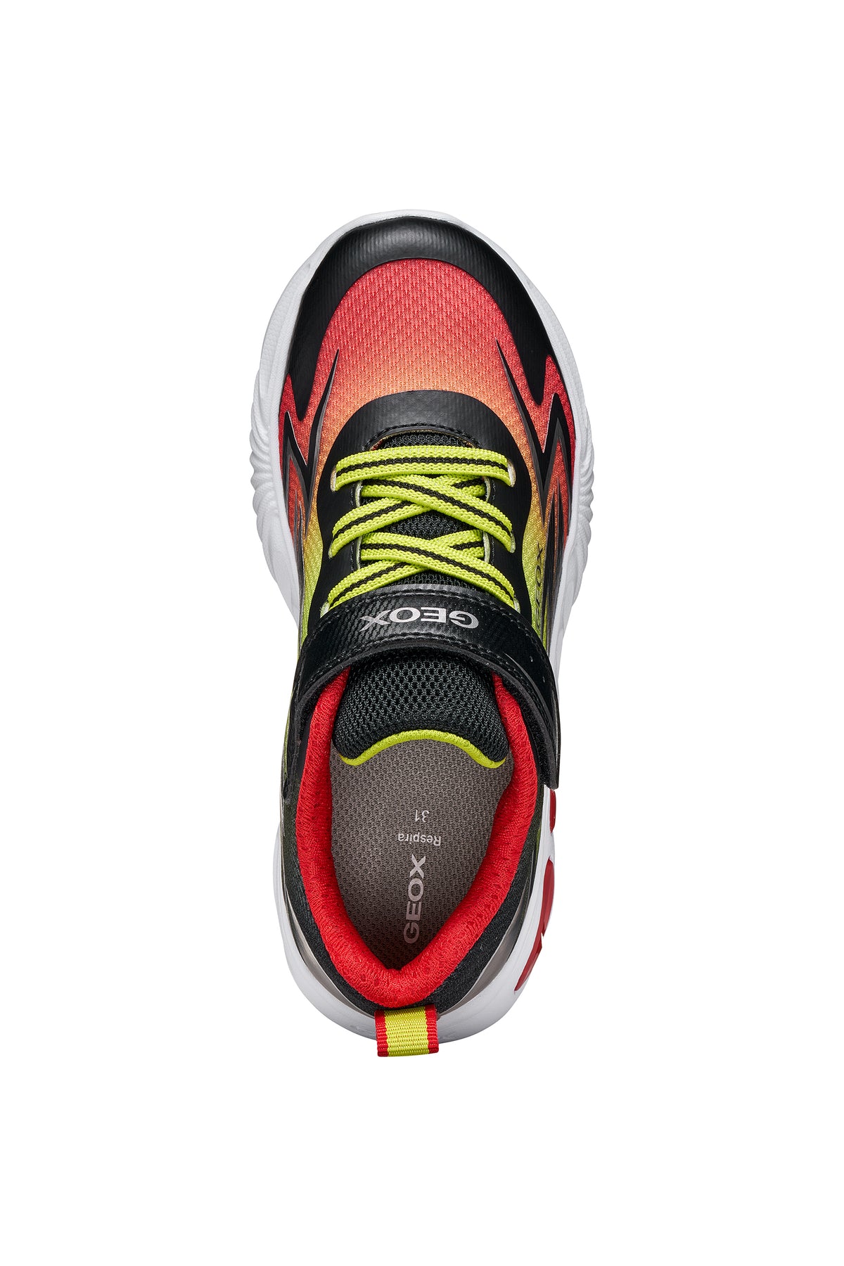 Geox boy's trainer in the style Assister, in red, yellow and black with a Velcro strap, lights and a white sole. Top view.