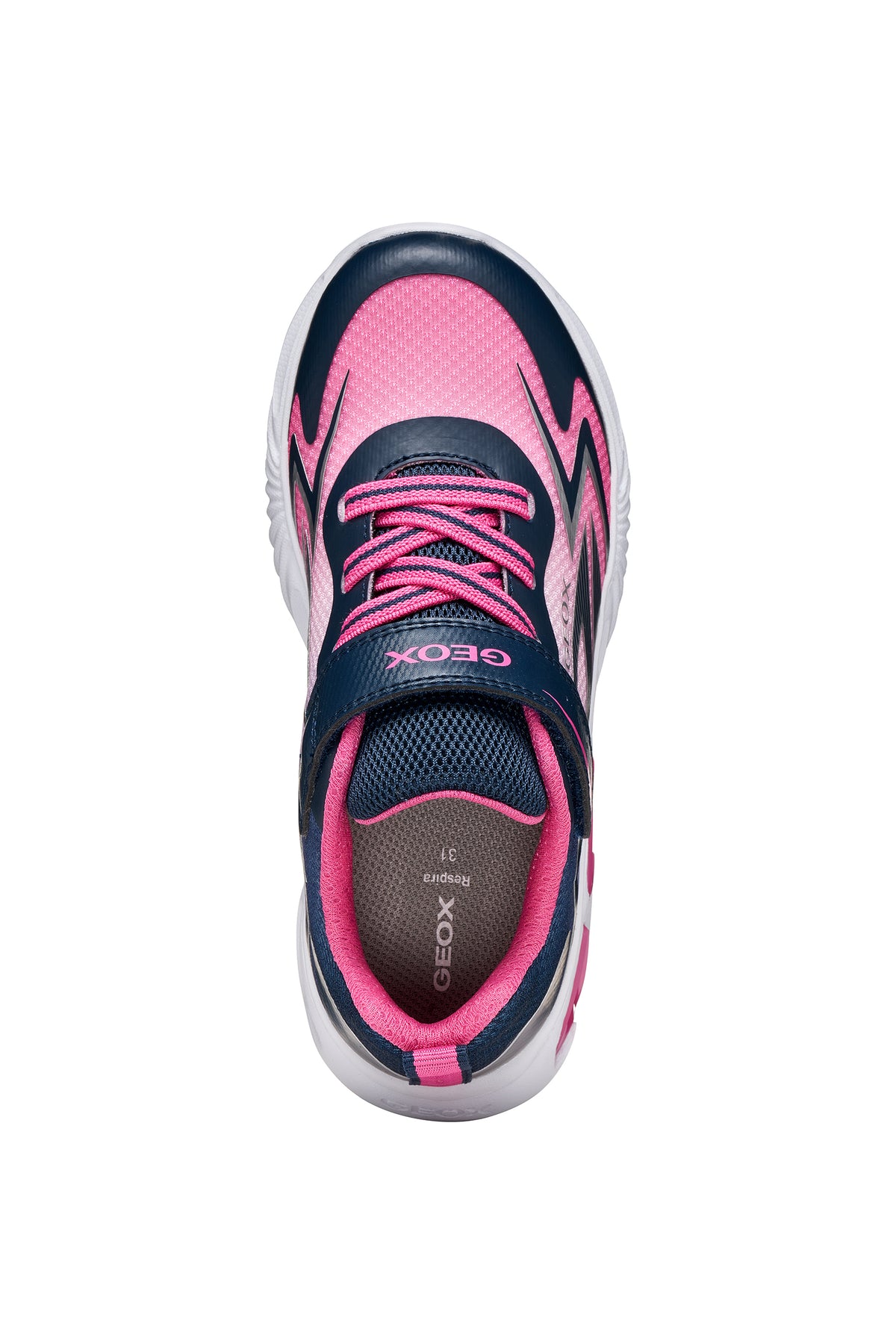 Geox girls trainer in the style Assister in navy, pink and white with a Velcro strap, lights and a white sole. Top view.