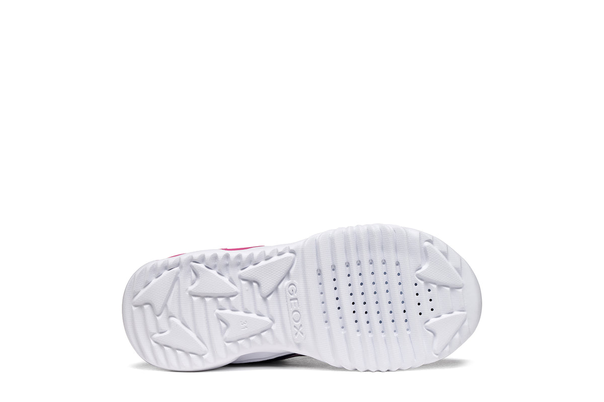 Geox girls trainer in the style Assister in navy, pink and white with a Velcro strap, lights and a white sole. View of sole.