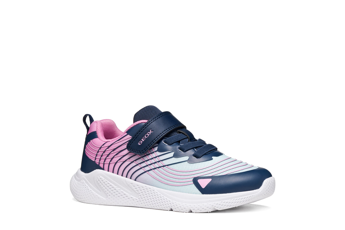 Geox girls trainer in the style Sprintye in navy, pink and white with Velcro strap and white sole. Right side view.