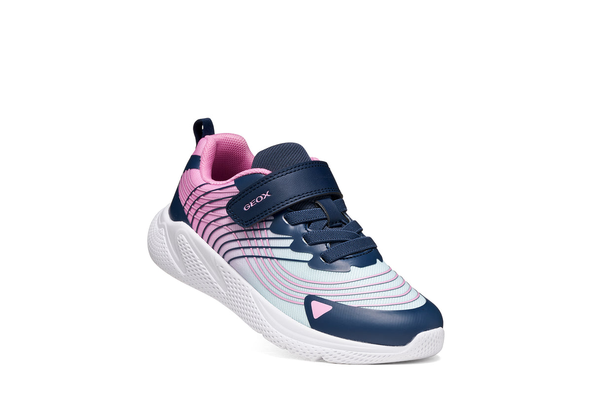 Geox girls trainer in the style Sprintye in navy, pink and white with Velcro strap and white sole. Angled right side view.