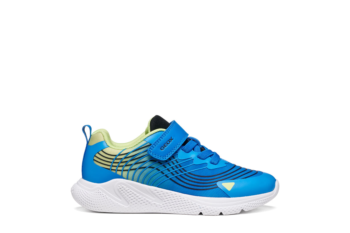 Geox boy's trainer in the style Sprintye Boy in blue and lime with a Velcro strap, black detailing and white sole. Right side view