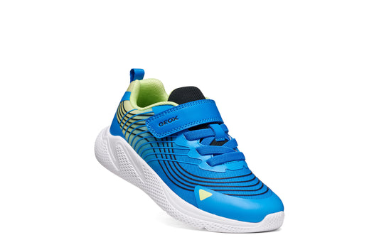 Geox boy's trainer in the style Sprintye Boy in blue and white with a Velcro strap, black detailing and white sole. Front angled view of right shoe. 