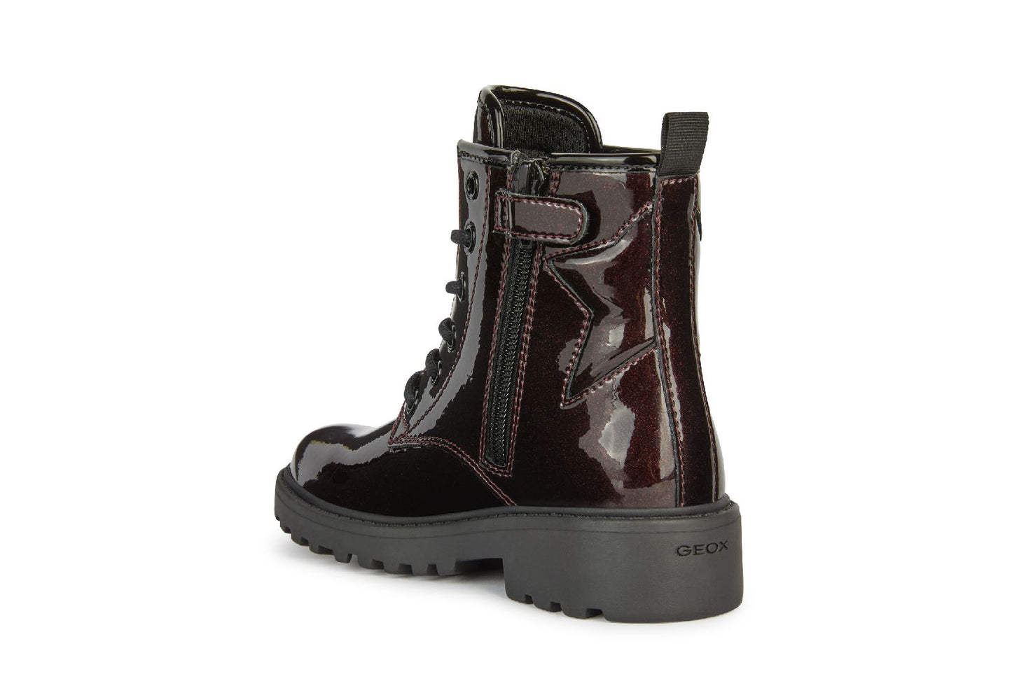 An ankle boot by Geox, style Casey G, in burgundy/black, with star detail on back and black laces. Angled left side view.