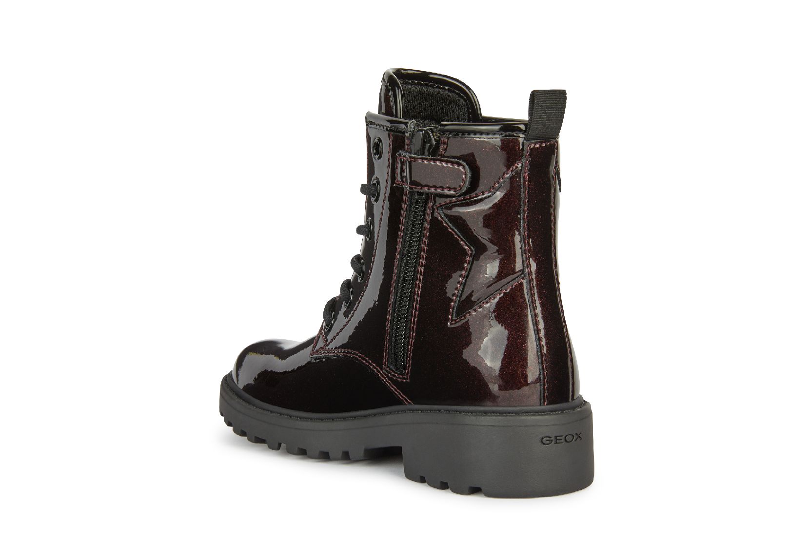 An ankle boot by Geox, style Casey G, in burgundy/black, with star detail on back and black laces. Angled left side view.
