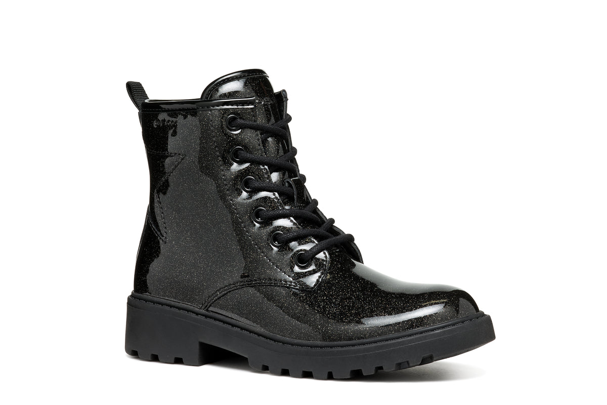 Geox girl's patent ankle boot in the style Casey Girl, with laces, side zip fastening, glitter details all over and chunky black sole. Angled front right view.