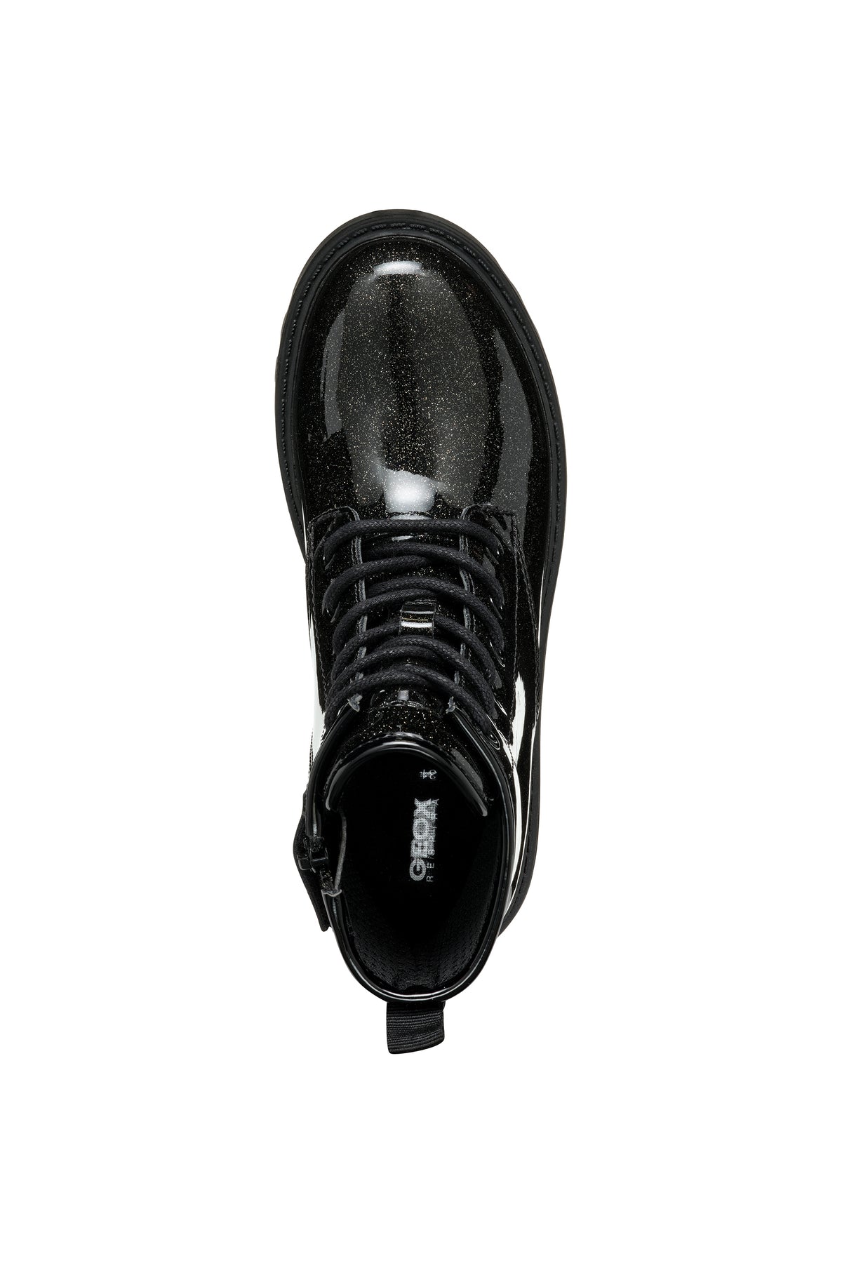 Geox girl's patent ankle boot in the style Casey Girl, with laces, side zip fastening, glitter details all over and chunky black sole. Top view.