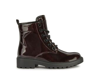 An ankle boot by Geox, style Casey G, in burgundy/black, with star detail on back and black laces. Right side view