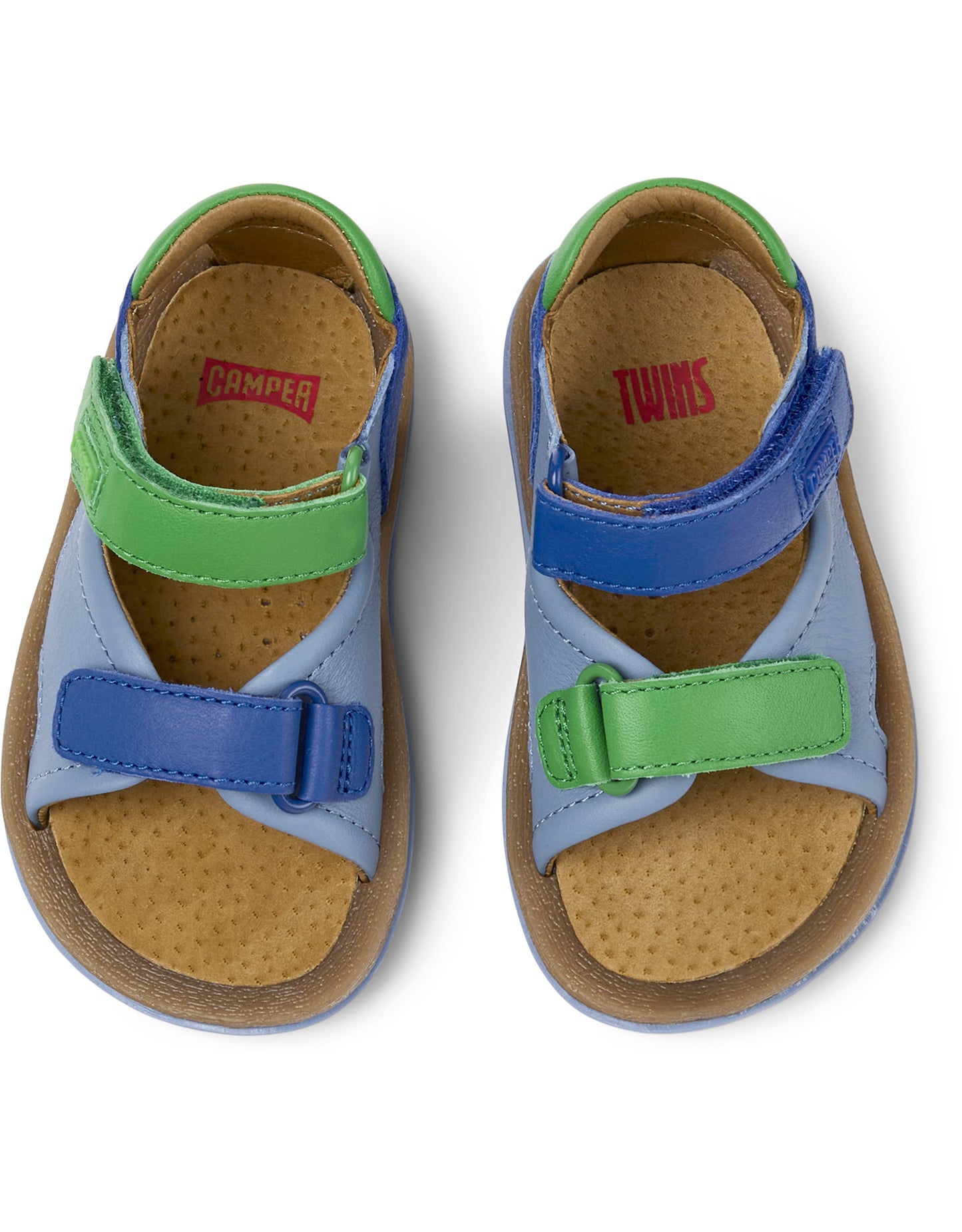 A unisex sandal by Camper, style Twins, open toe with a back, in blue and green. Above view of a pair.