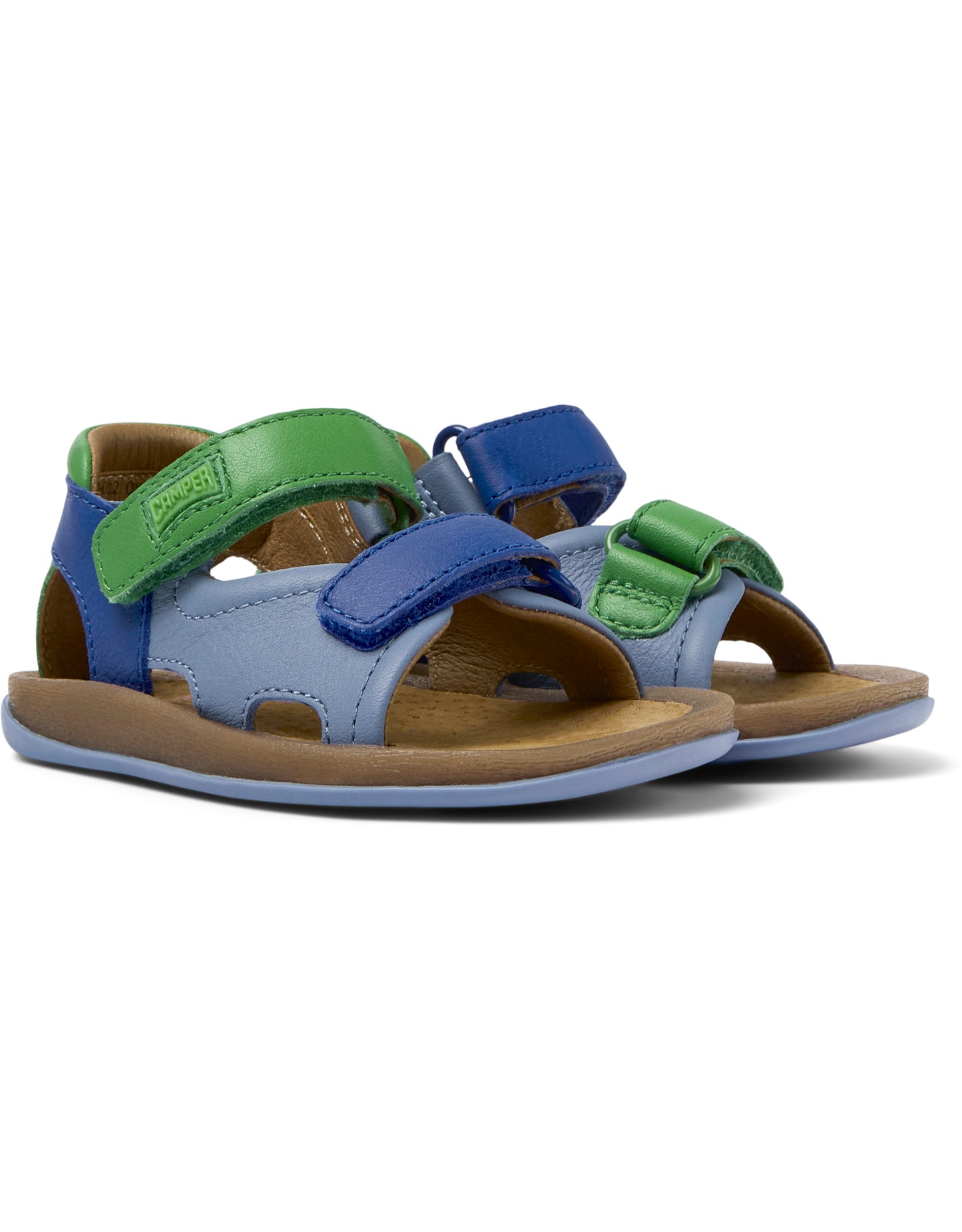 A unisex sandal by Camper, style Twins , open toe with aback, in blue and green with two velcro straps. Front angled view of a pair.
