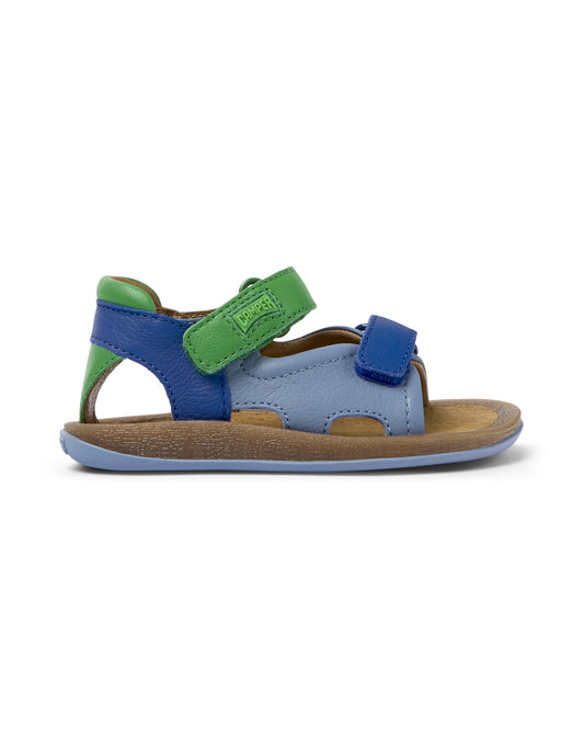 A unisex sandal by Camper, style Twins,open toe with a back, in blue and green with two velcro straps. Right side view.