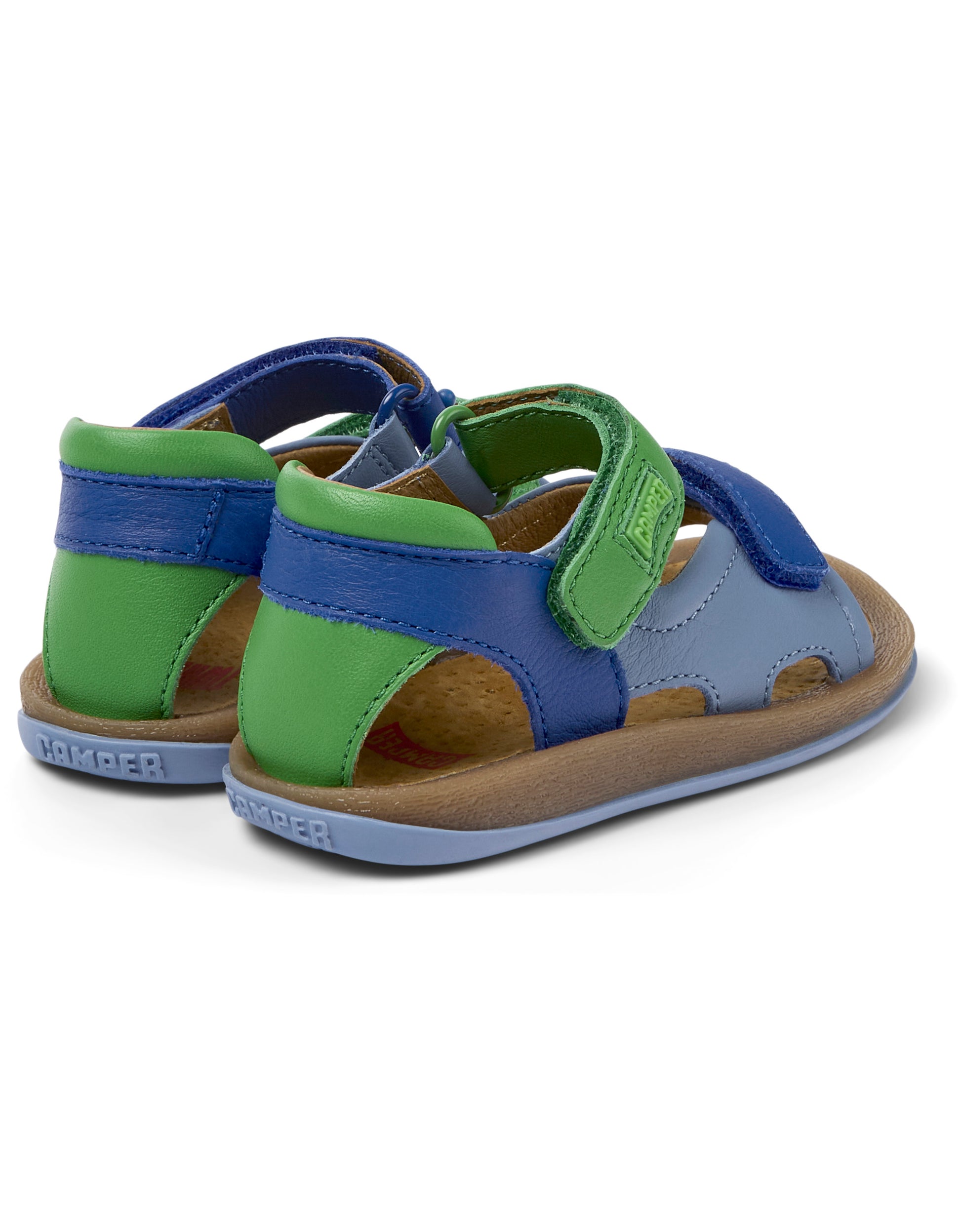A unisex sandal by Camper, style Twins, open toe with a back in blue and green. Rear angled view of a pair.