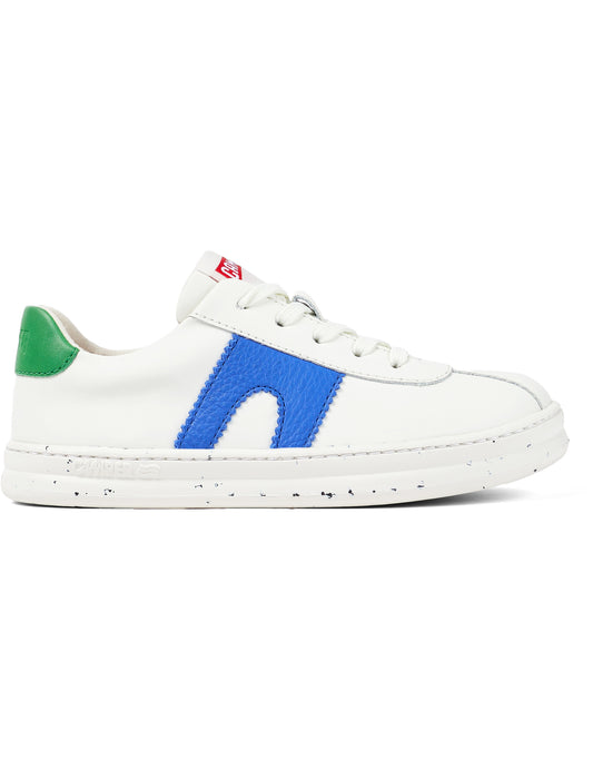 A unisex trainer  by Camper, style Twins kids, in white with asymmetric blue and green detail. Lace/Zip fastening. Right side view.