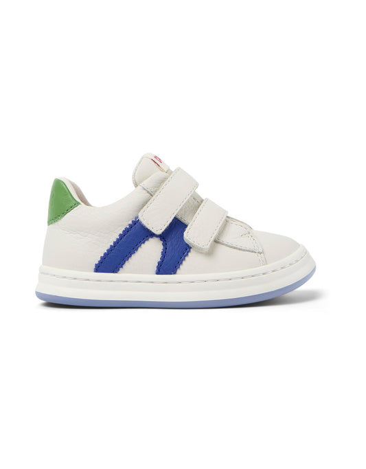 A unisex trainer by Camper, style Twins FW, in white with blue and green asymmetric detail. Double velcro fastening. Right side view.