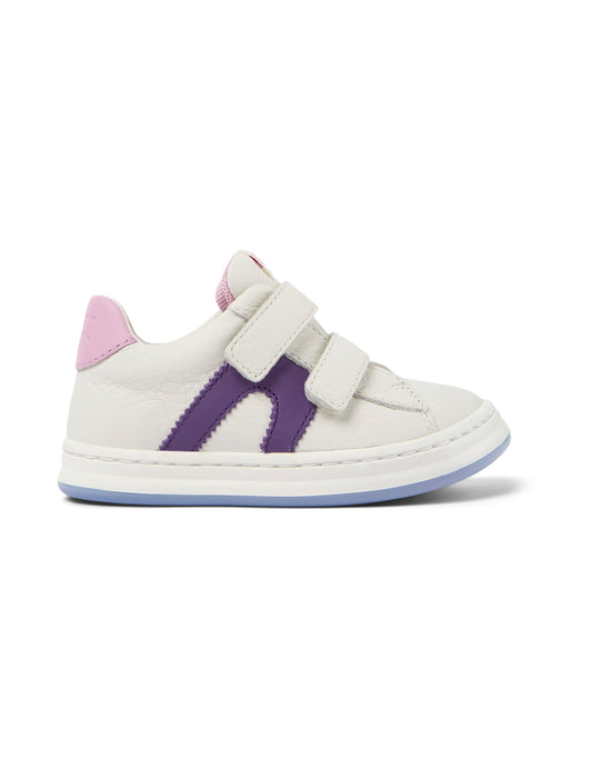 A girls shoe by Camper, style Twins FW, in white with asymmetric purple and pink detail. Double velcro fastening. Right side view.