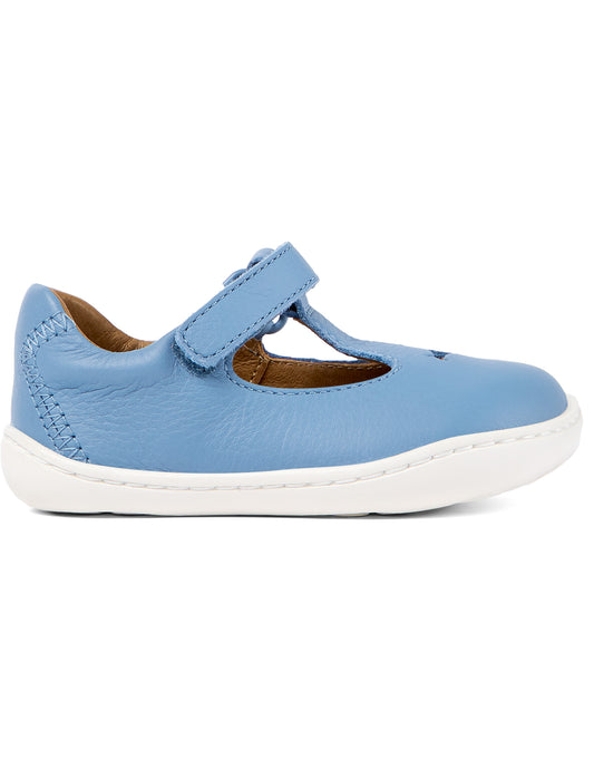 A T-bar shoe by Camper, style K800564-001, in blue leather with cut out fish detail. Velcro fastening. Right side view.