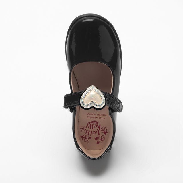 A girls Mary Jane school shoe by Lelli Kelly, style LKSO8467CVR Sabrina, in black patent with detachable heart embellished attachment. Velcro fastening. Above view.