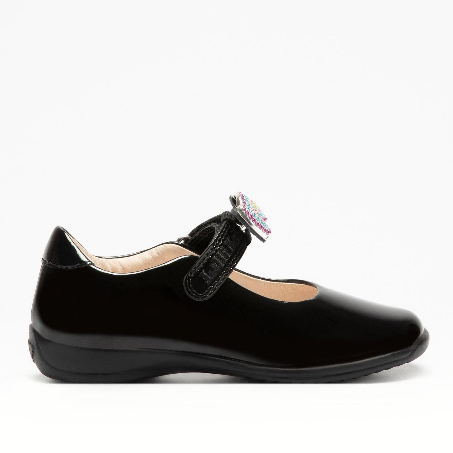 A girls Mary Jane school shoe by Lelli Kelly, style LK8116 Erin, in black patent leather with velcro fastening and detachable multicoloured bow. Right side view.