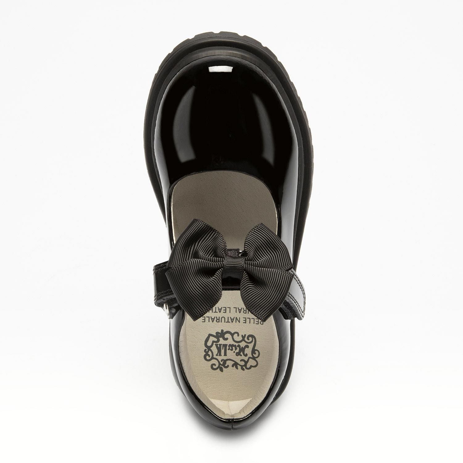 A girls chunky Mary Jane school shoe by Lelli Kelly, style LK8661 Maisie, in black patent leather with velcro fastening and detachable black fabric bow. View from above.