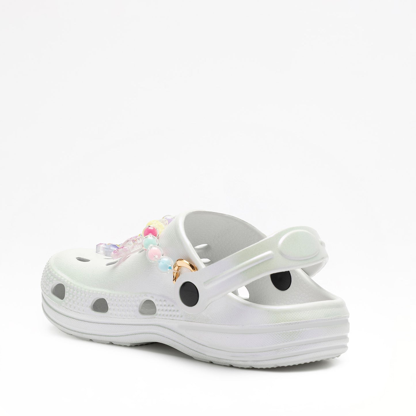 A girls clog style sandal by Lelli Kelly, style Melody in white with colourful pastel beads and charms on front. Angled back view