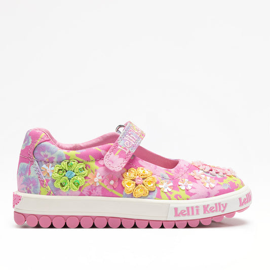 A girls casual shoe by Lelli Kelly, style Eloise Dolly in Fuxia Fantasia. Colourful flower design with stitched flower detailing, velcro strap and pink sole. Right side view